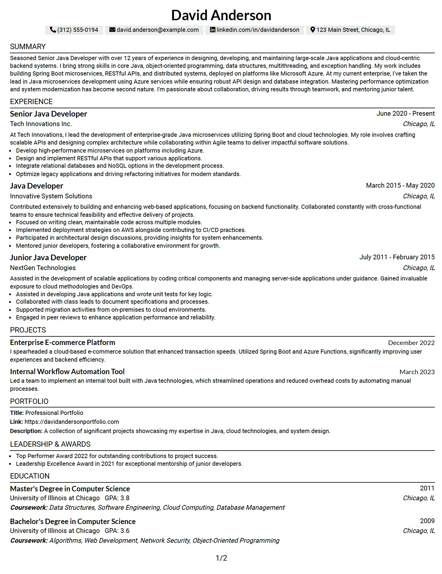 Senior Java Developer (Azure) Resume Example