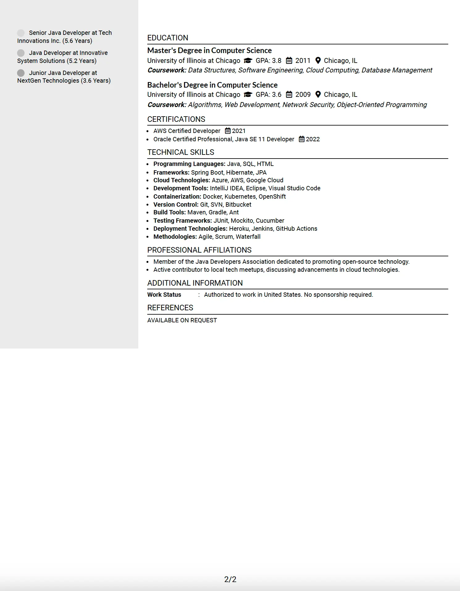 Senior Java Developer (Azure) Resume Example - Page 2