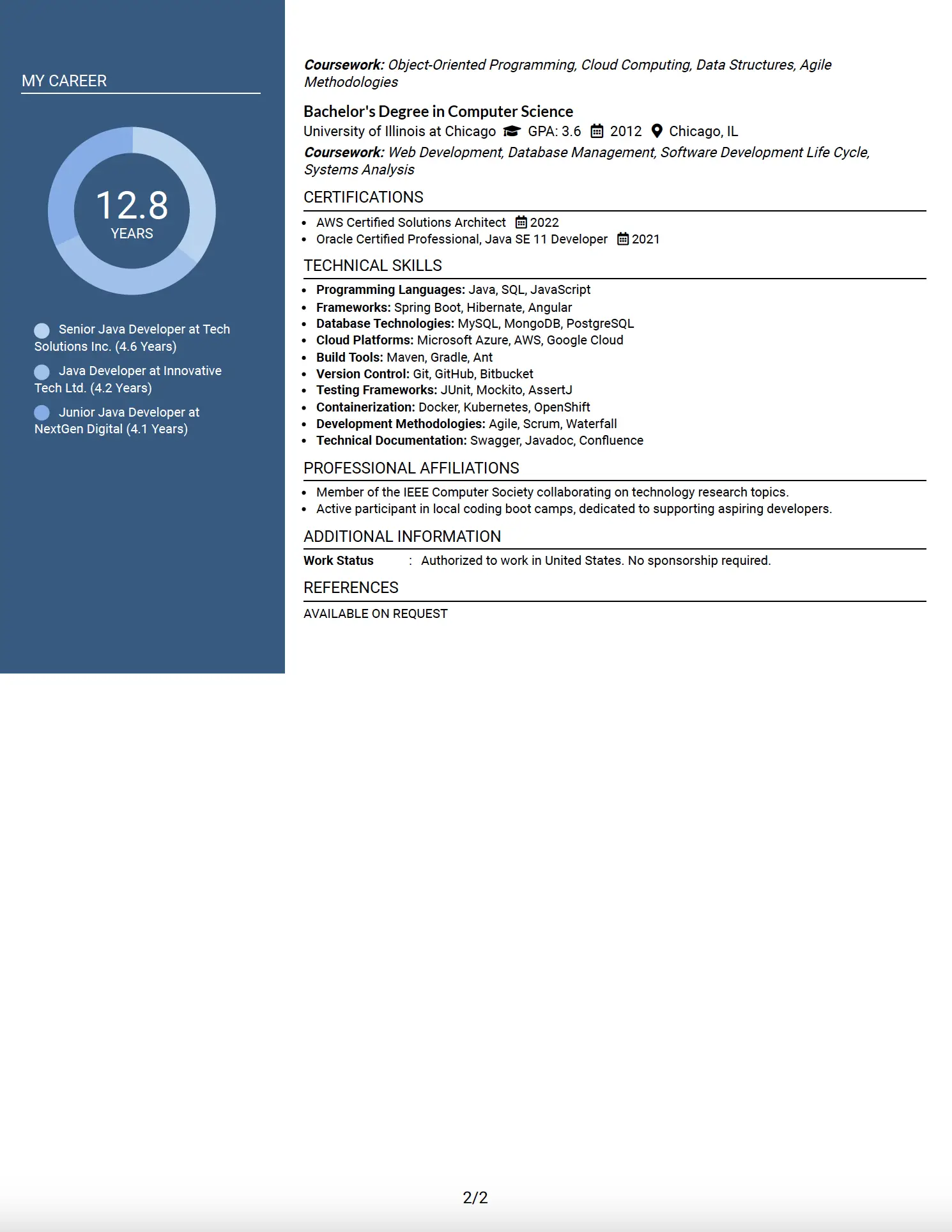 Senior Java Developer (Azure) Two-Column Resume Example - Page 2