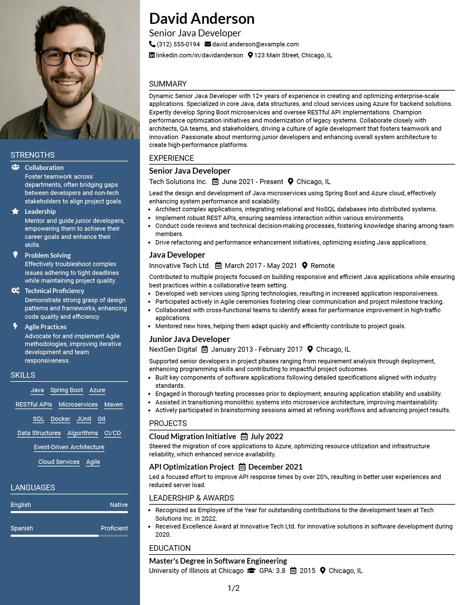 Senior Java Developer (Azure) Two-Column Resume Example