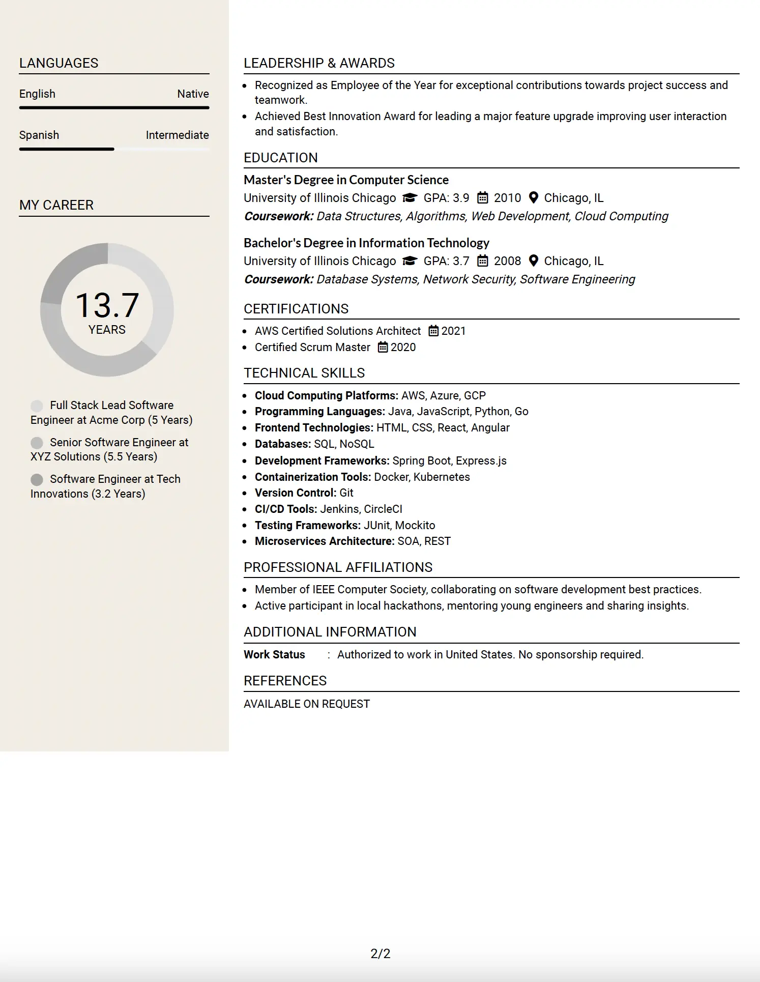 Full Stack Lead Software Engineer Two-Column CV Example - Page 2