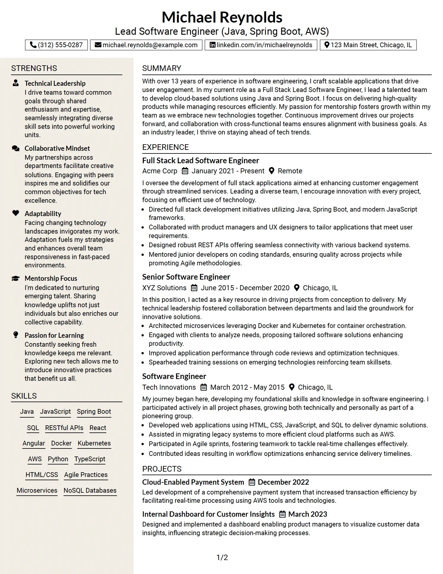 Full Stack Lead Software Engineer Two-Column CV Example