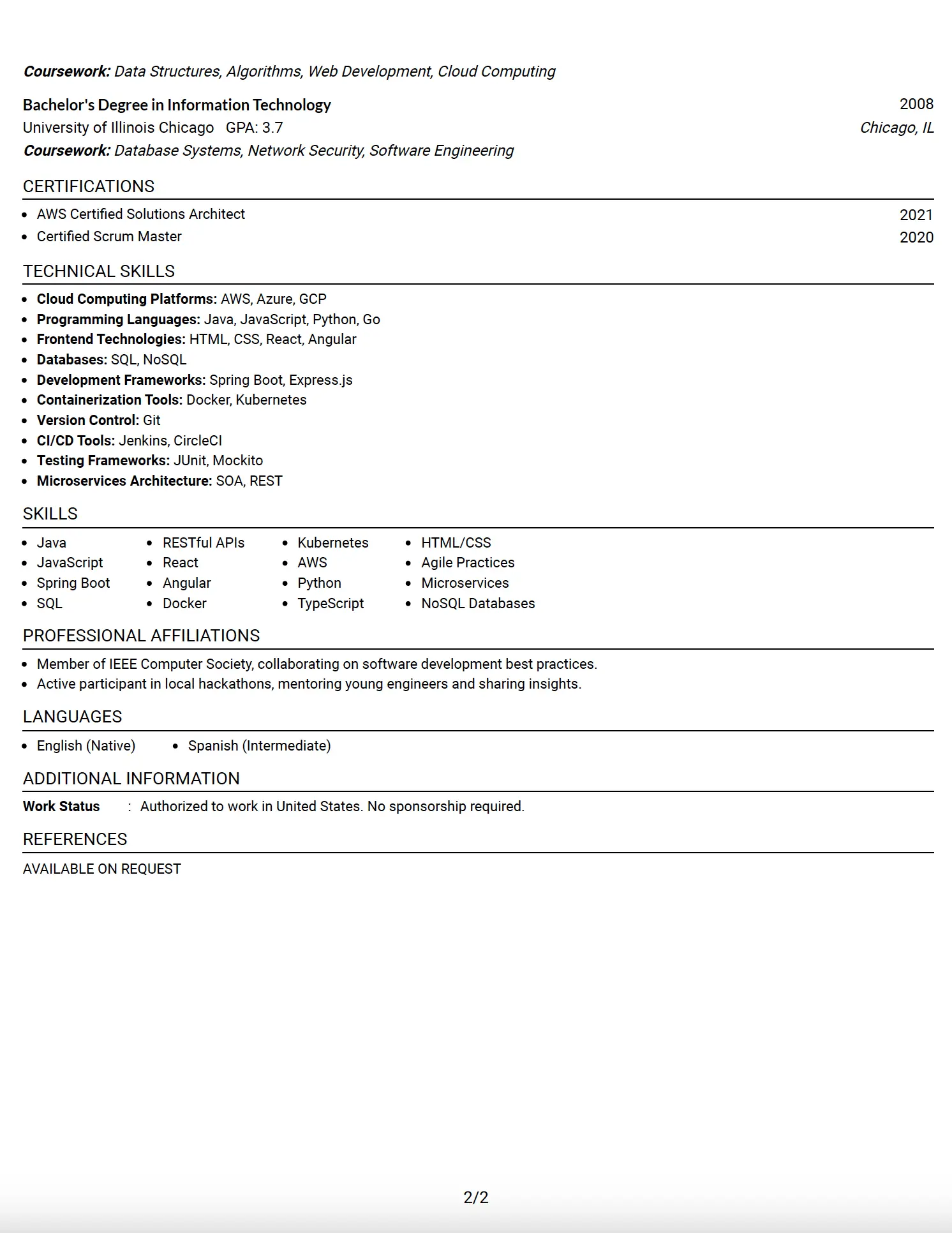 Full Stack Lead Software Engineer One-Column Fang CV Example (Photo Header) - Page 2